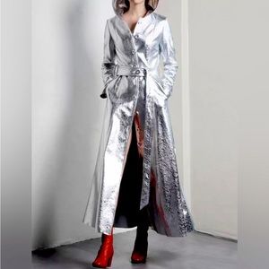 Silver Foxy Foil Trench with Inside Contrast Red Detailing, Belted